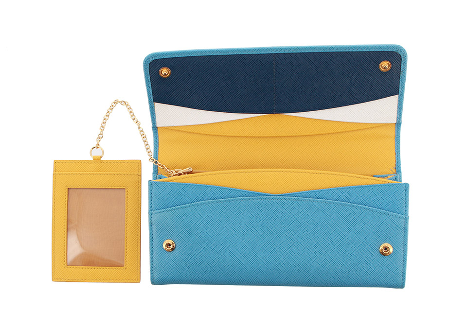 ファスナー長財布 パスケース付き レザー 水色/イエロー/ネイビー