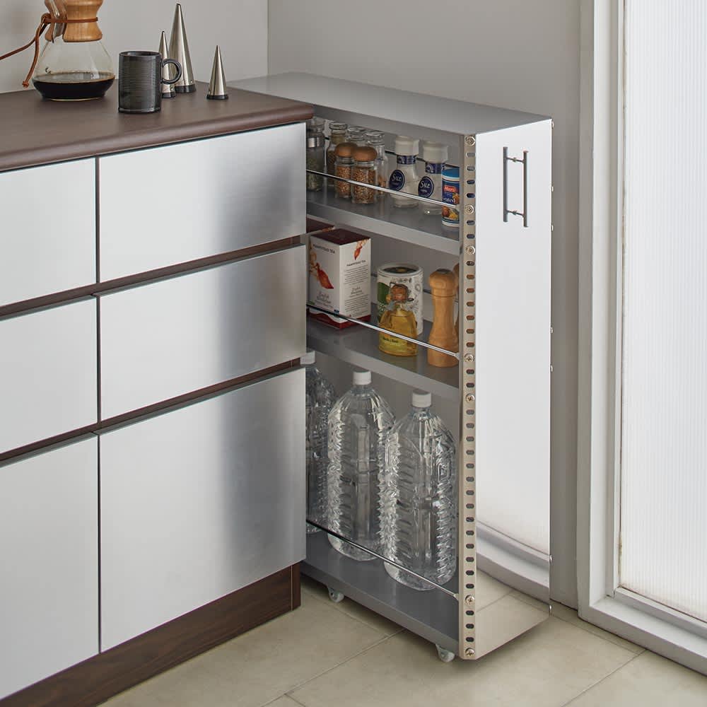 幅10奥行60.5高さ81cm］ ステンレス製キッチンすき間収納ワゴン 日本製