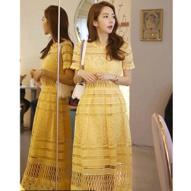 SNIDEL - レースワンピース 黄色 ドレス スカラップ シースルー フリル