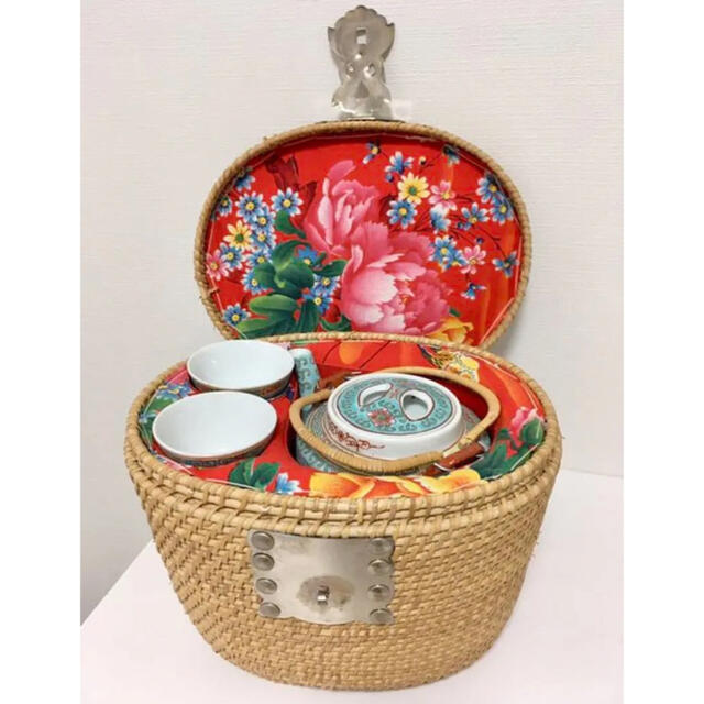 中国茶器【景徳鎮】茶器セット【萬寿】湯呑・急須 中国景徳鎮製 茶籠