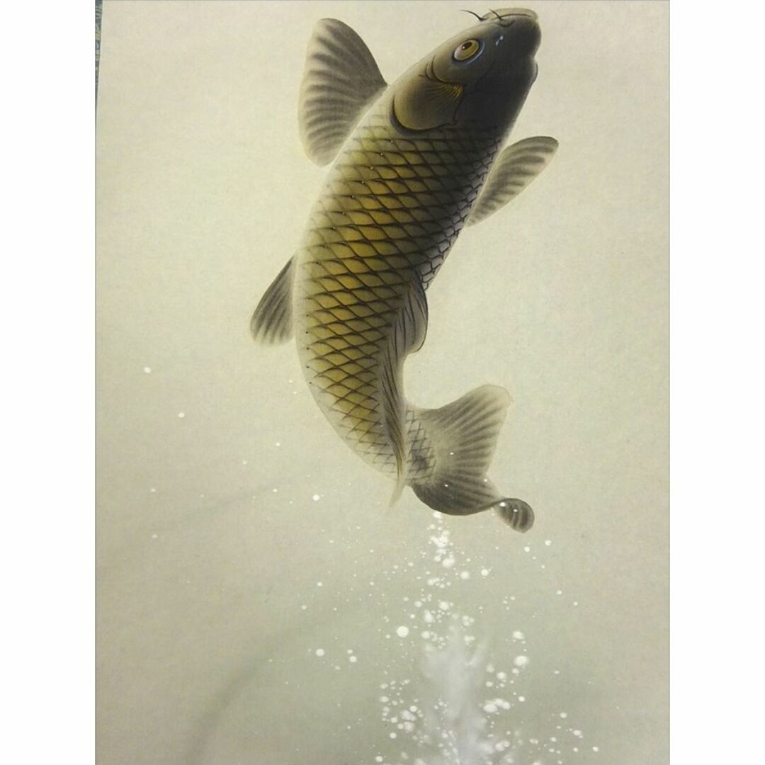 真作】掛軸 大谷園泉『遊鯉』日本画 絹本 肉筆 共箱付 掛け軸 p062812