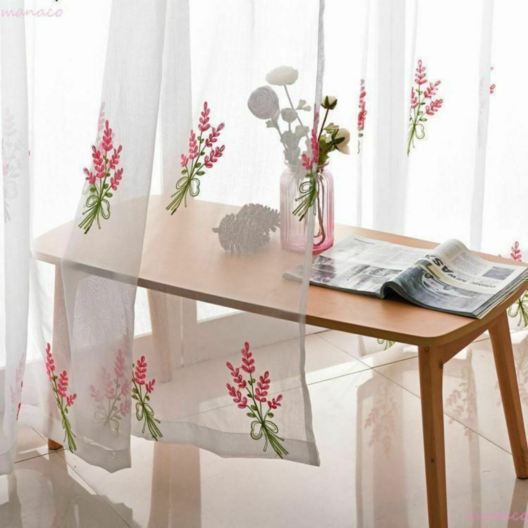 1枚 刺繍 ラベンダー パープル ホワイト レース カーテン フラワー