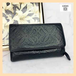 極美品ロエベ折り財布アナグラムリネンレザー黒保存箱袋付スペイン製