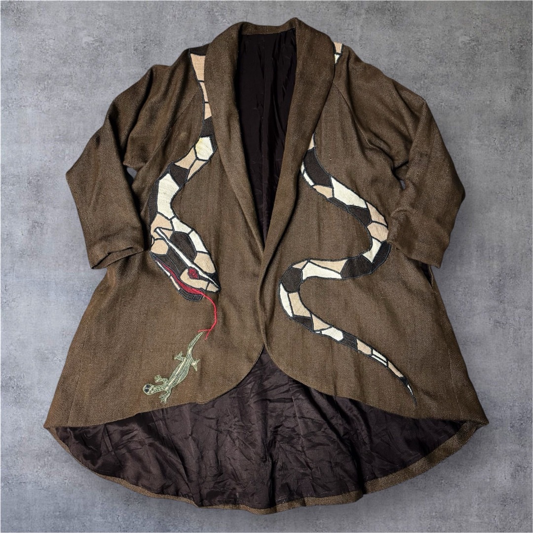 60s 70s vintage ガウンコート ロングジャケット 刺繍 トカゲ 蛇