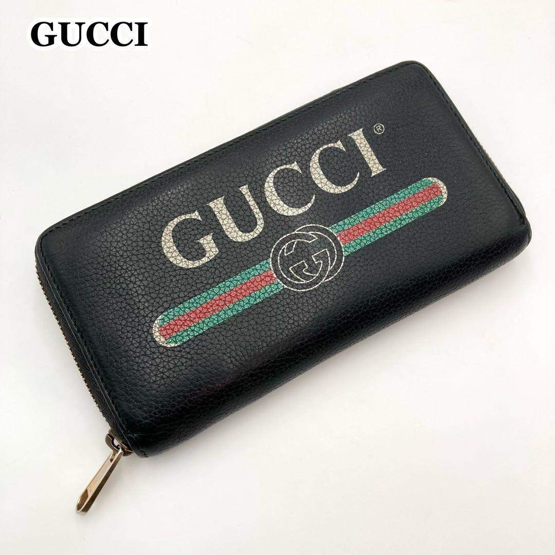 GUCCI - レア！美品✨GUCCI 長財布 ラウンドジップ 黒 レザー ロゴ