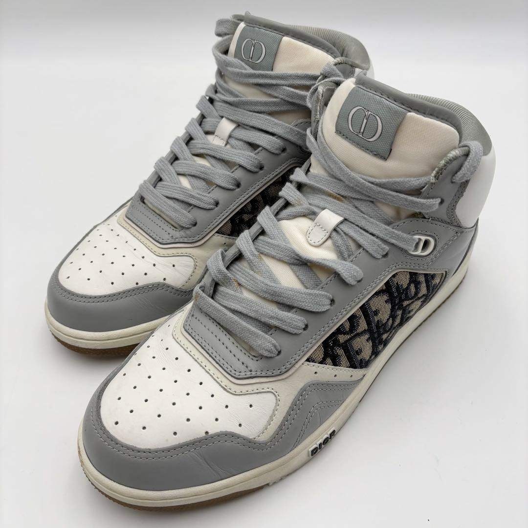 極美品 ディオール ミッドカットレザースニーカー オブリーク グレー