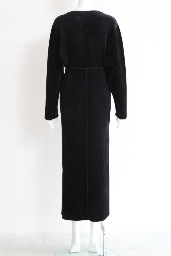 Mame Kurogouchi(マメ) V-Neck Velour Knit Dress BLACK - YAMAROKU