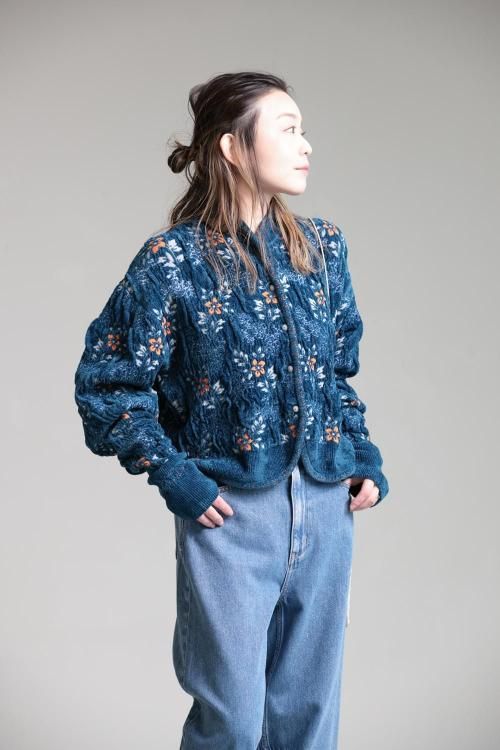 Mame Kurogouchi(マメ) Floral Motif Chenille Knitted Cardigan BLUE