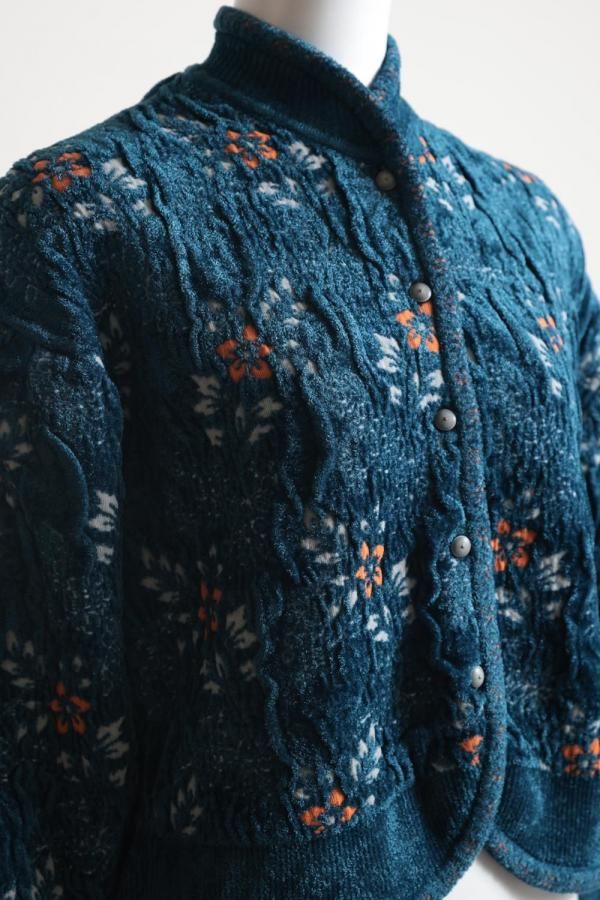 Mame Kurogouchi(マメ) Floral Motif Chenille Knitted Cardigan BLUE
