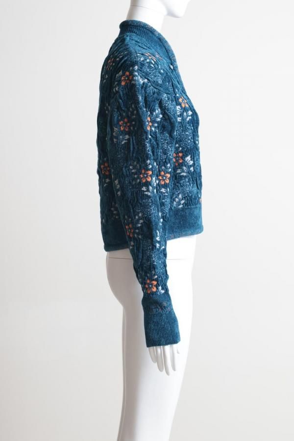 Mame Kurogouchi(マメ) Floral Motif Chenille Knitted Cardigan BLUE