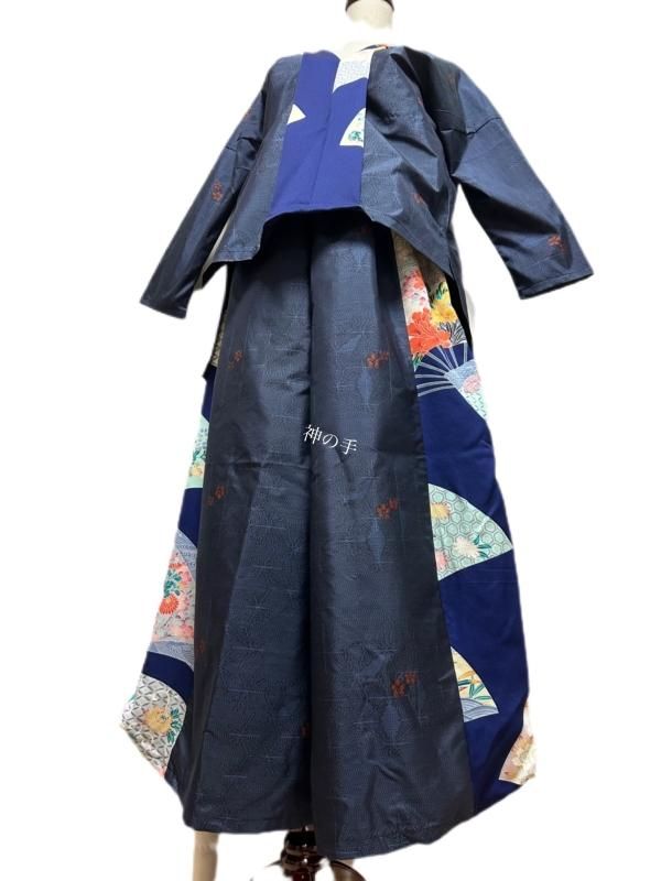 パンツスーツ セットアップ 和柄 着物リメイク 大島紬×振袖紺花鳥