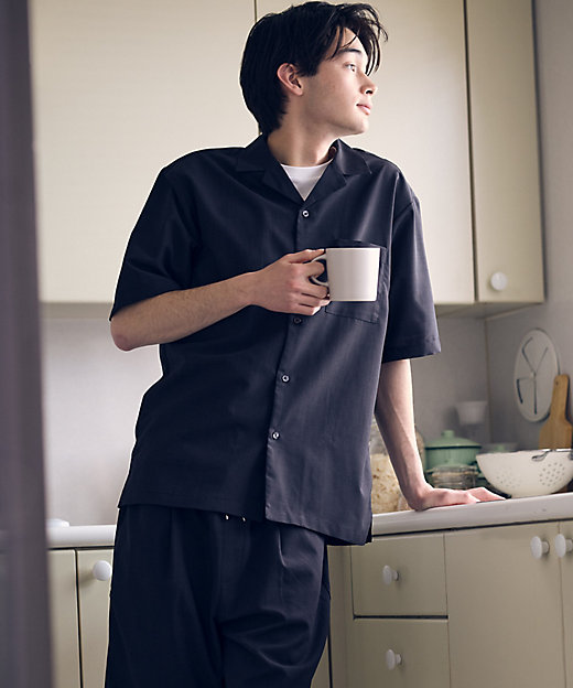 セットアップ対応】リネンライク ポリエステル オープンカラーシャツ