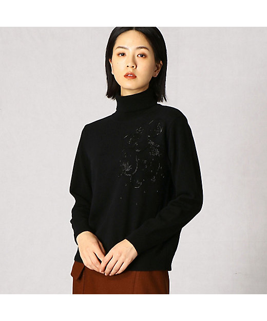 ガラスビーズ刺繍 タートルネックニットプルオーバー