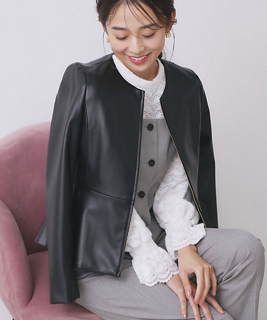 レザー調ストレッチペプラムジャケット【洗える