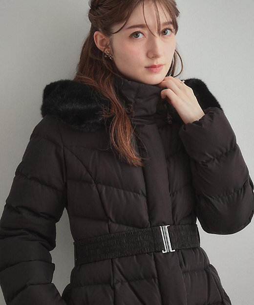 2WAY・ベルト付き】フードフェイクファー ミドル丈ダウンコート