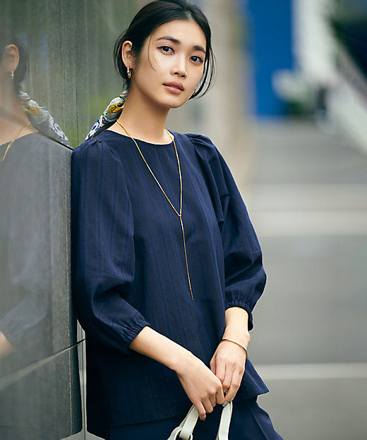 洗える】カラミストライプ パフスリーブ ブラウス