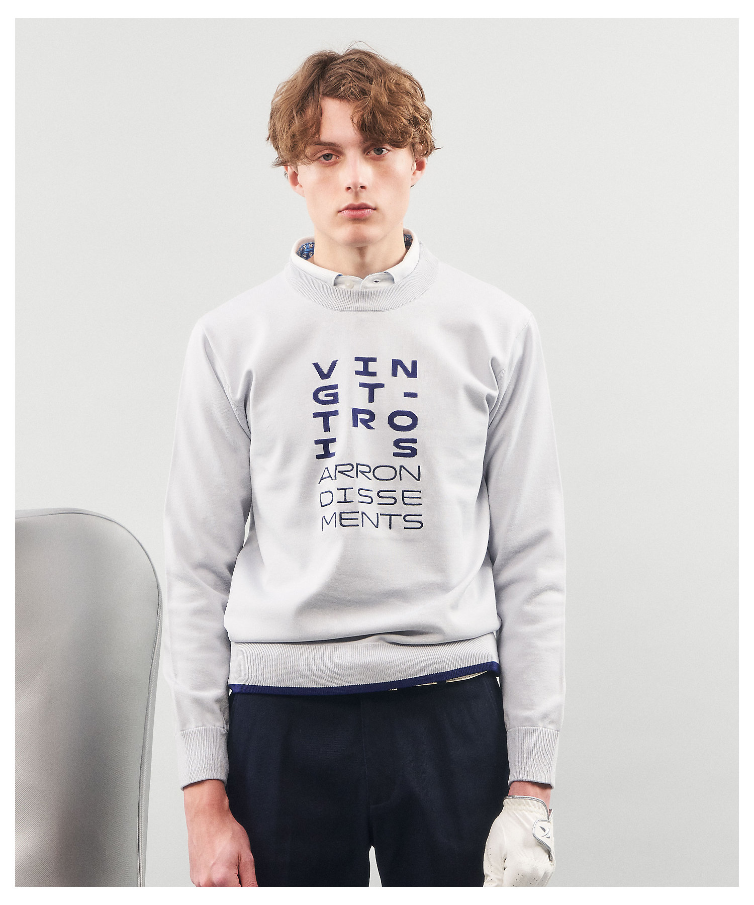 MEN】【ウォッシャブル】ロゴインターシャ ポリエステルニット