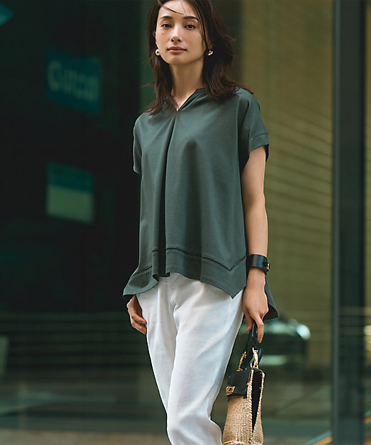 洗える】リネンレーヨンストレッチ テーパードパンツ