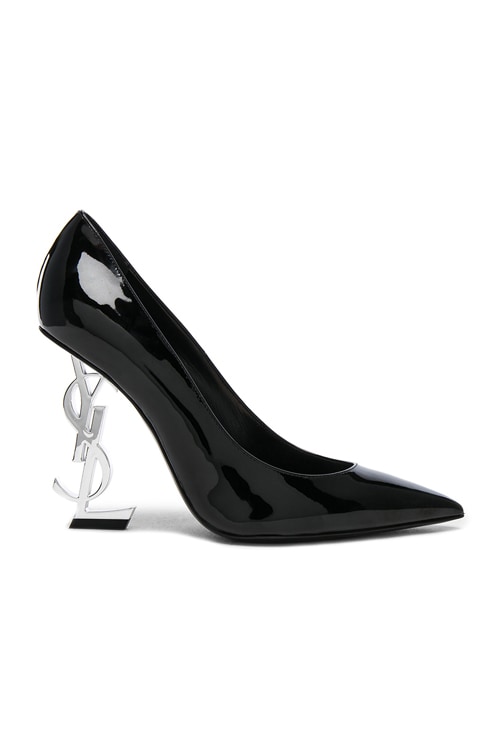 Saint Laurent Opium Patent Monogramme Heels in Black & Silver | FWRD