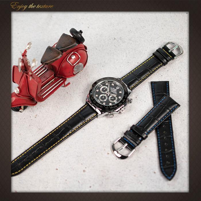 時計 ベルト 腕時計 バンド 黒革 黄 ステッチ 替えバンド バネ棒 バネ