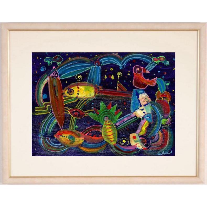 抽象画 絵画 ミクストメディア 秋永清二 「夜の海」 額付き : アート