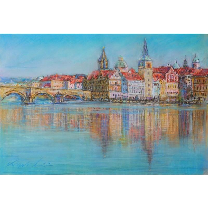 風景画 絵画 プラハ パステル画 チェコ共和国 石井清 「ドナウ川沿いの