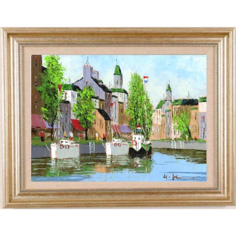 黒沢久 河畔の街 オランダ 絵画 風景画 アムステルダム 油絵 一点物