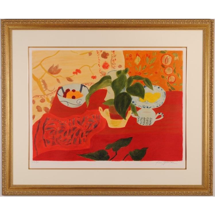 静物画 絵画 リトグラフ 版画 ピエール・ボンコンパン 「赤いテーブル