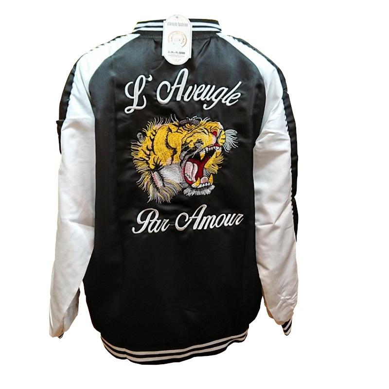 アウター 虎刺繍 スカジャン風 ブラック（袖ホワイト） M〜XXL 薄地