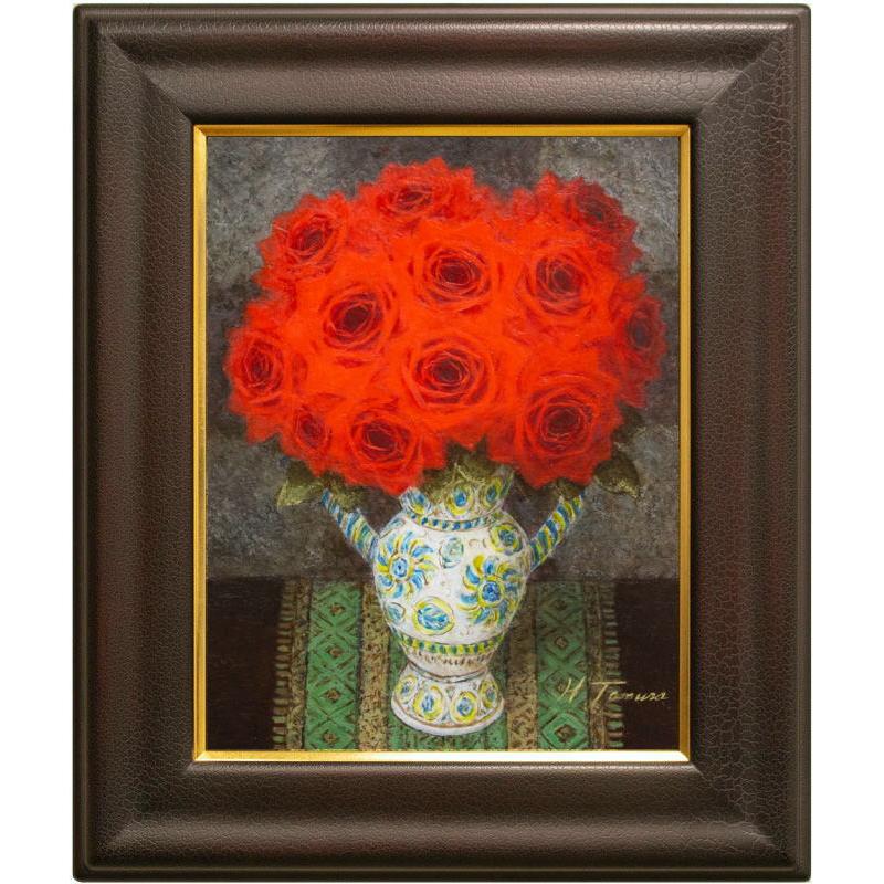 田村 一 「 スペイン壷と赤い薔薇 」 油絵 ・ 油彩画 F6 ( 6号 ) 絵画