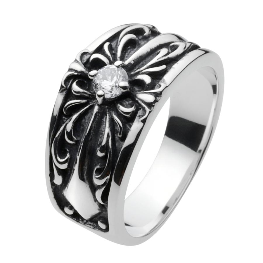 ジルコニア シルバーリング 指輪 メンズ ゴシック クロス アラベスク