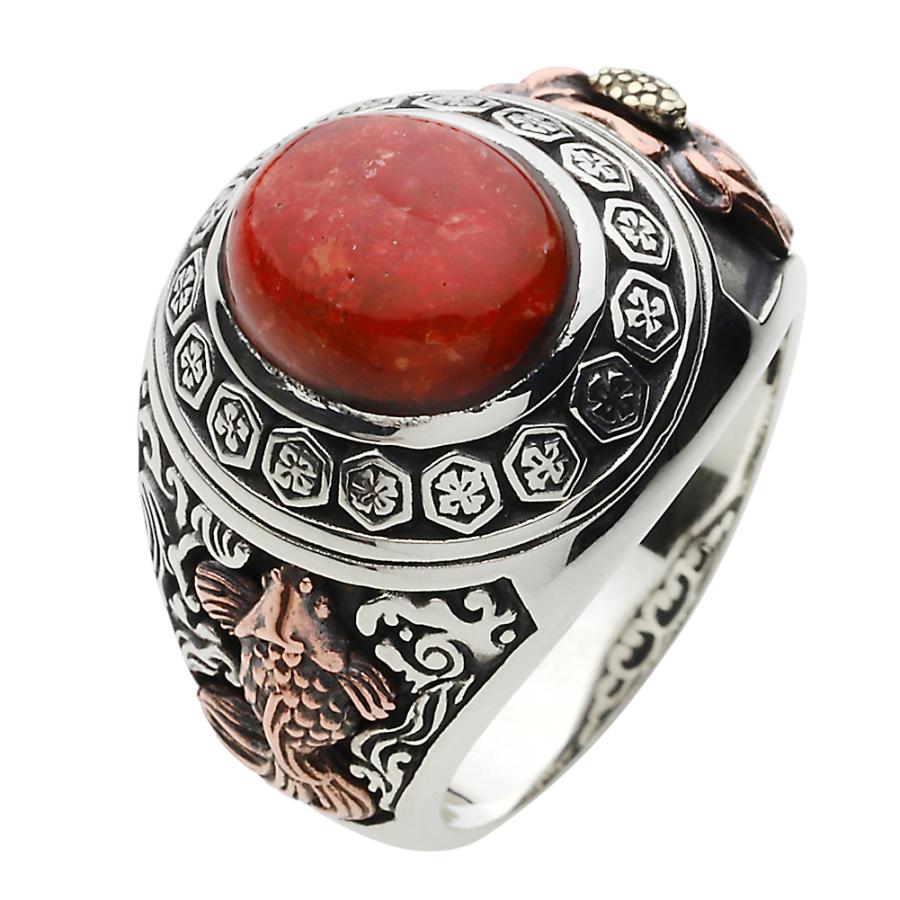 レッドコーラル シルバーリング 指輪 メンズ カレッジリング 鯉 花 和