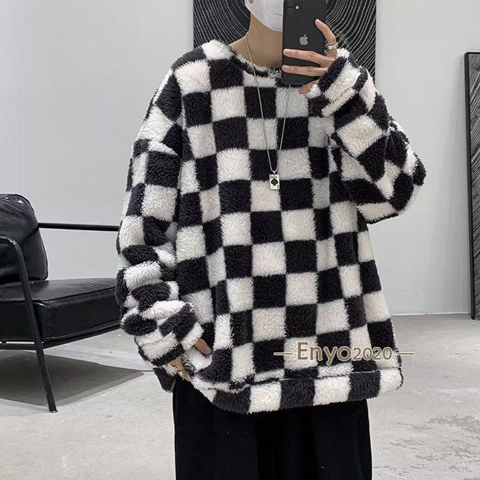 セーター メンズ もこもこ ボアセーター 長袖 チェック柄 クルーネック