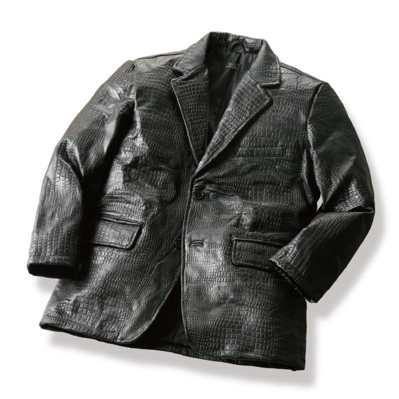 クロコ型押しラム革 パッチワーク テーラージャケット（黒