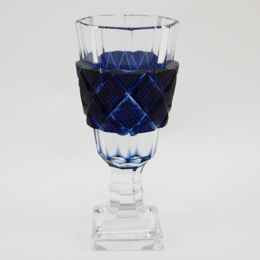復刻 阪本光男作 薩摩切子 藍色切子脚付杯 共箱付き 色被せガラス 斜め