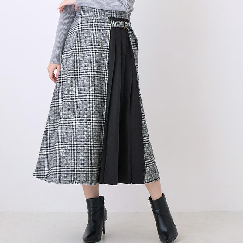 チェック フレア スカート ミモレ丈 サイドプリーツ フレアスカート