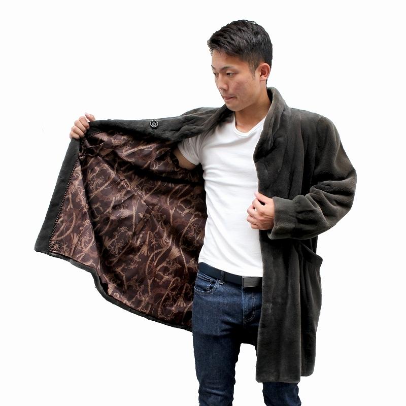 サガミンク シェアードミンク メンズ 毛皮コート モスグリーン