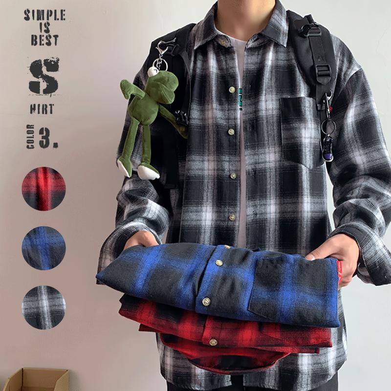 チェックシャツ メンズ ネルシャツ オンブレチェック 三色 レッド