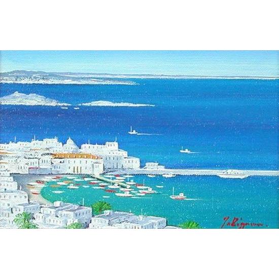 絵画 油絵 青い海のエーゲ海 ミコノス島 （滝川英彦） 【海・山