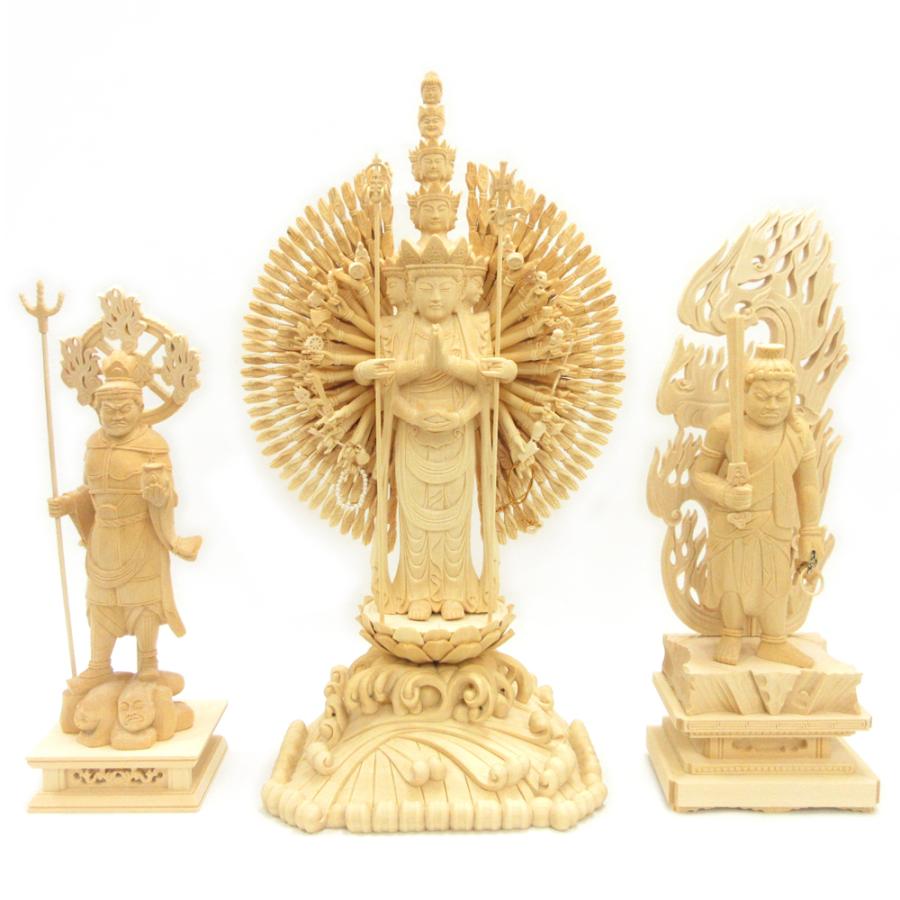 仏像 千手三尊 千手観音6寸 不動明王5寸 毘沙門天5寸 桧木 : 栗田