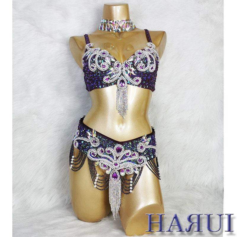ベリーダンス 衣装 ブラ ベルト パール しずく 上下2点 セット 紫