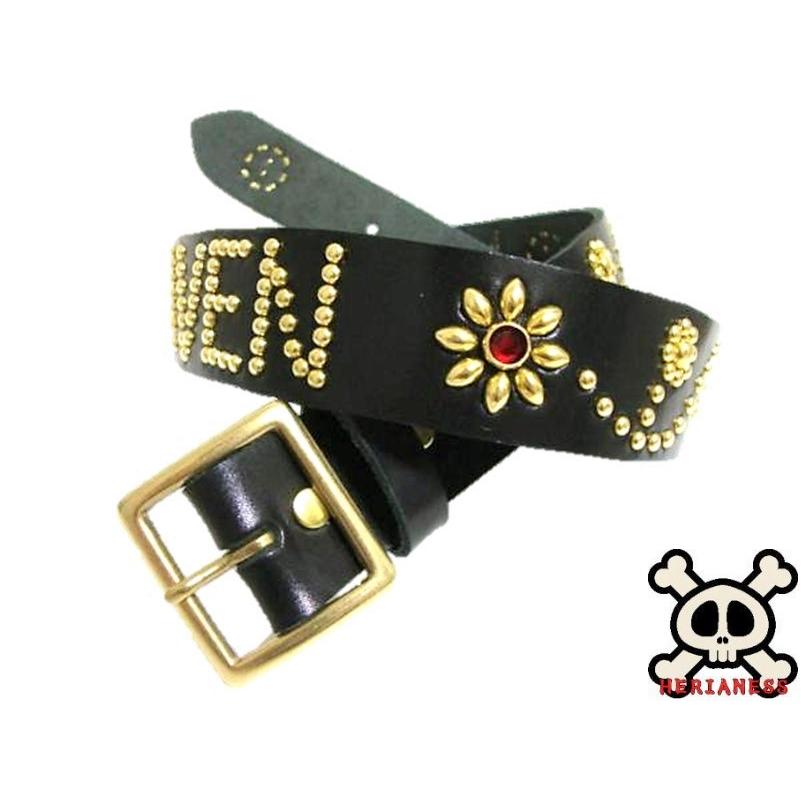 栃木レザー オリジナル文字入れスタッズベルト 黒 フラワーベース 真鍮