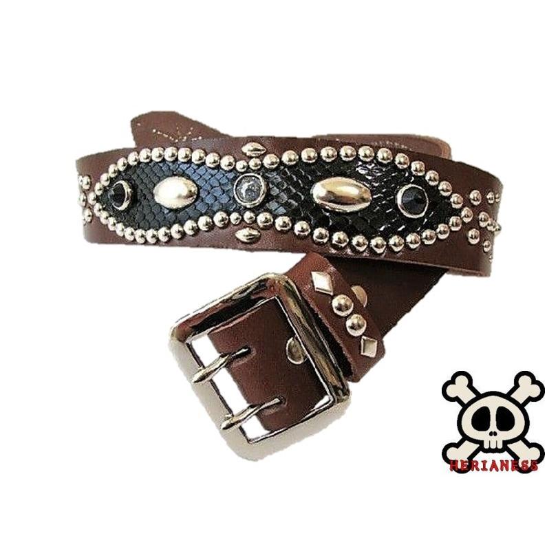 栃木レザー ピーナッツ型 スタッズベルト チョコ ダイヤモンドパイソン