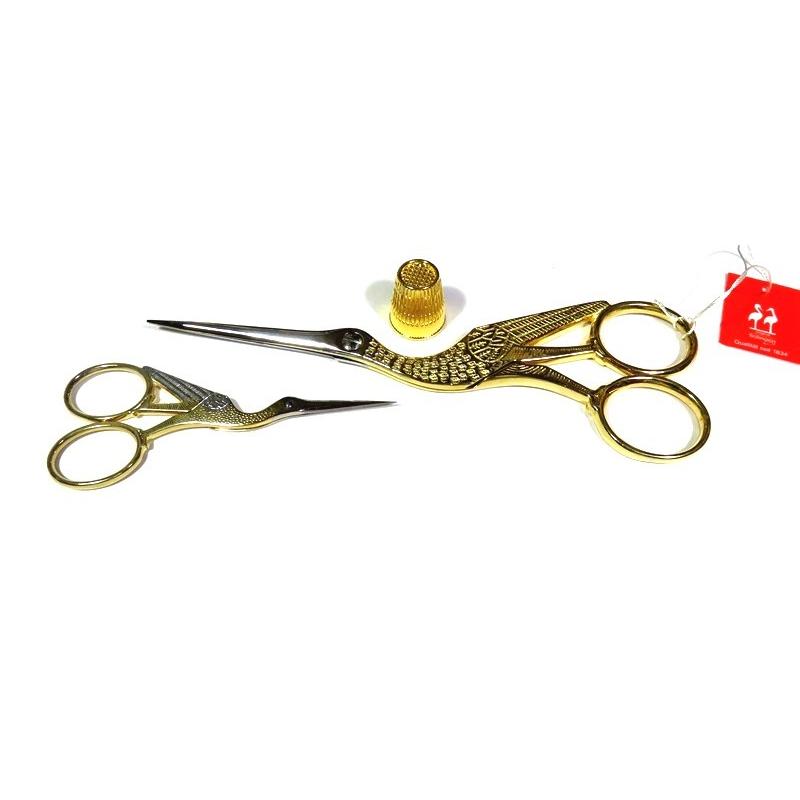 コウノトリ鶴はさみ17cm & 9cm大小セット 金メッキ足 指ぬき付 完品