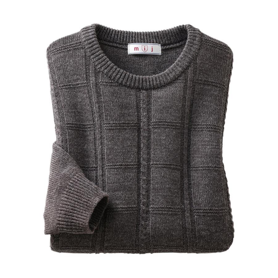 日本製 クルーネック セーター ウール混 長袖 メンズ 丸首 格子柄 冬