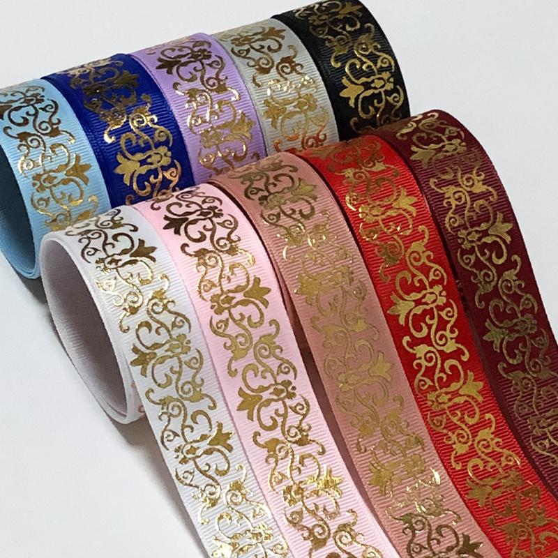 25mm幅 1m】全10色 蔦柄 アラベスク柄 グログランリボン ゴールド