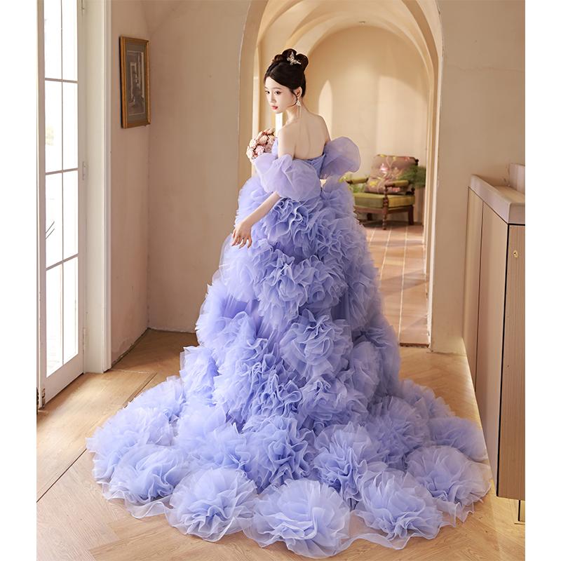 カラードレス 2way つけ袖 プリンセスライン パープル フリル ロング