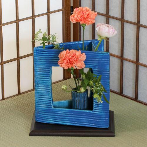 信楽焼 花器 青釉 フレーム 合わせ 自由花 陶器 花瓶 生け花 和風 華道