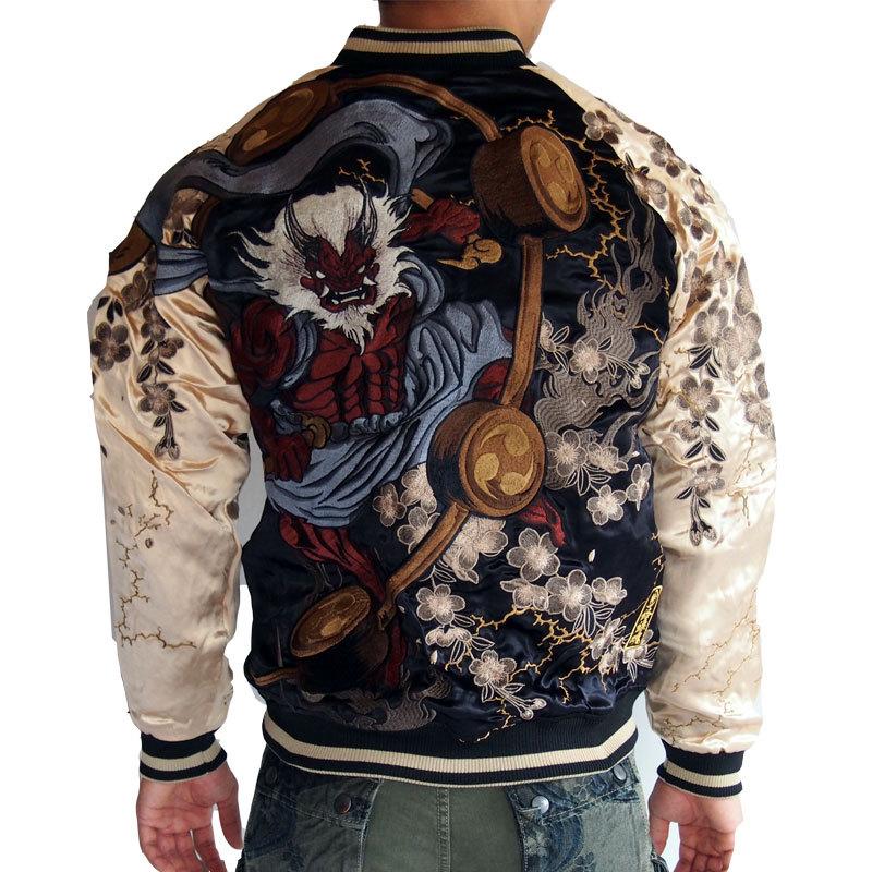絡繰魂 スカジャン メンズ 粋 新風神雷神 刺繍スカジャン リバーシブル