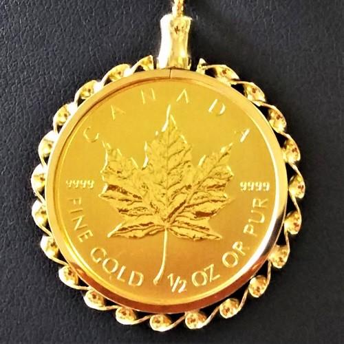 24金 メイプル金貨 1/2オンス 18金ねじ止め飾り枠 純金ペンダント